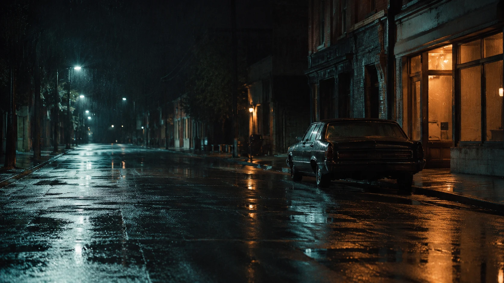 An empty rain-soaked street with a dark sedan and a softly lit storefront.